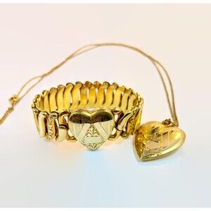 Vintage Gold Filled Sweetheart Bracelet Art Deco Heart Locket Etched Expansion